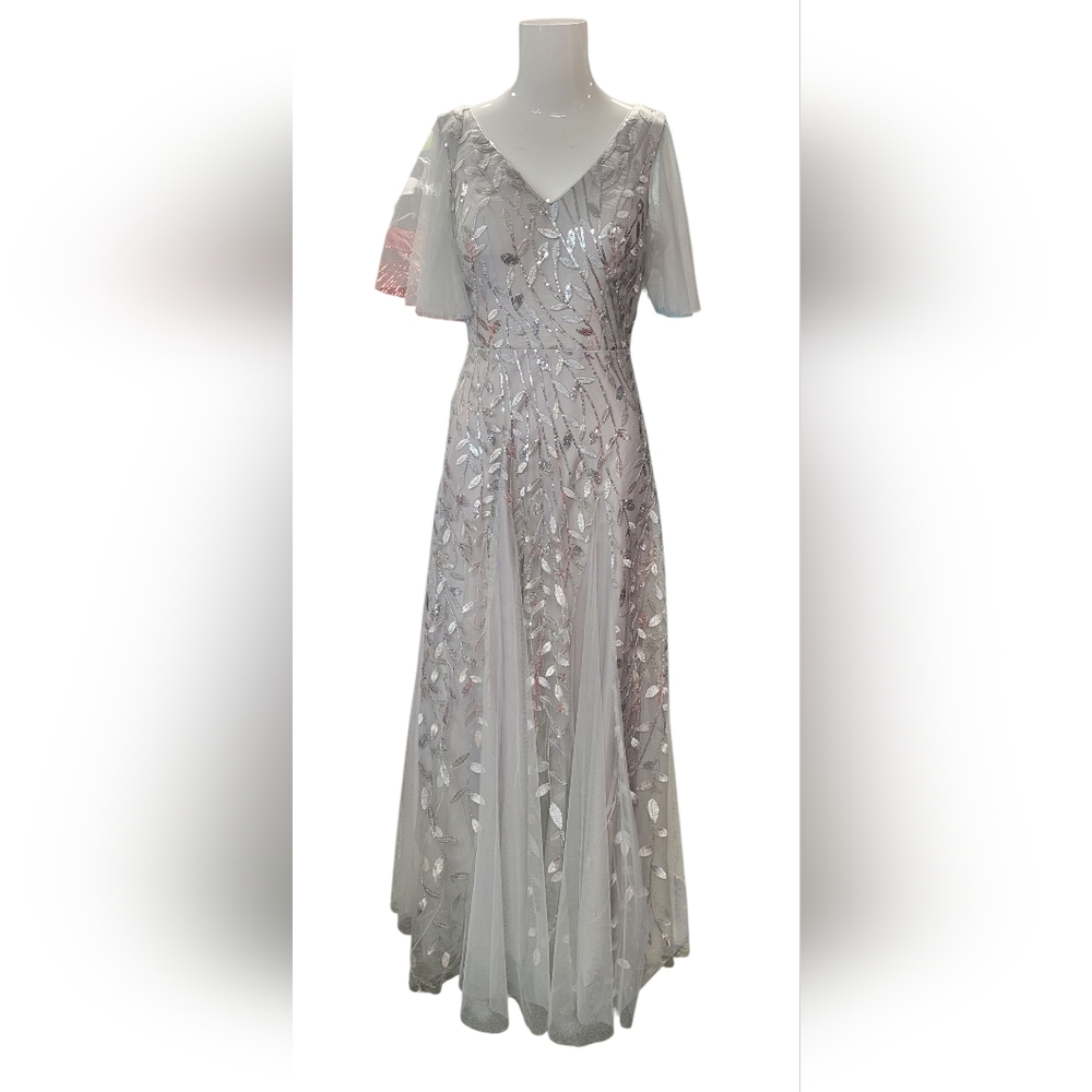 Silver Embellished L Gown with Flutter Cap Sleeves /mother of Bride/Groom Dress